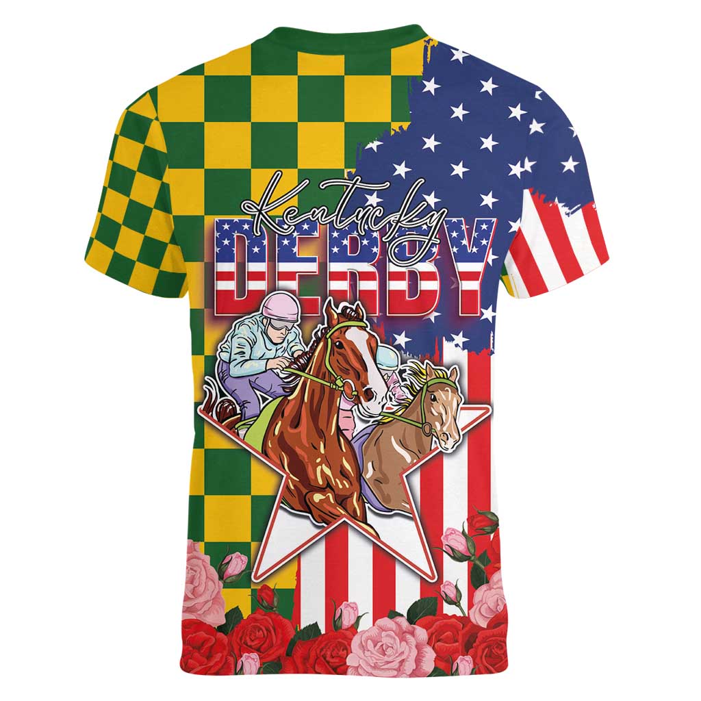 Kentucky Horses Racing Women V-Neck T-Shirt US Flag Grunge and Check Pattern Green Color