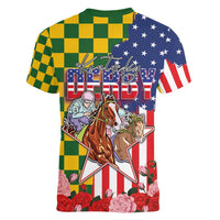 Kentucky Horses Racing Women V-Neck T-Shirt US Flag Grunge and Check Pattern Green Color