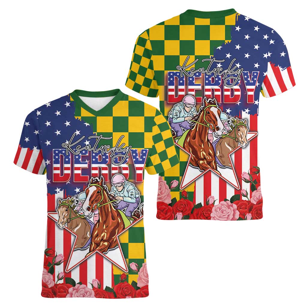 Kentucky Horses Racing Women V-Neck T-Shirt US Flag Grunge and Check Pattern Green Color
