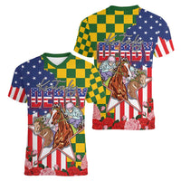 Kentucky Horses Racing Women V-Neck T-Shirt US Flag Grunge and Check Pattern Green Color