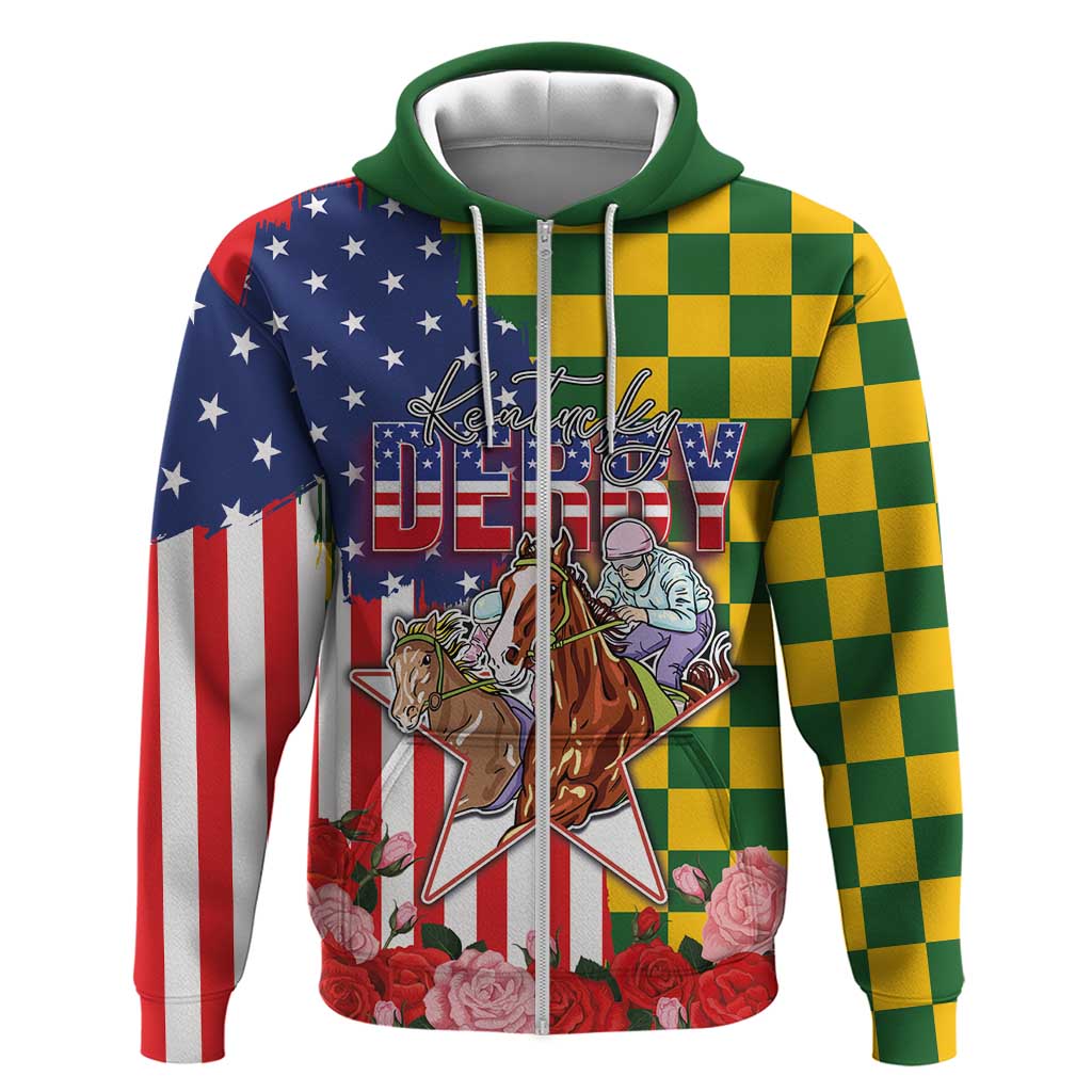 Kentucky Horses Racing Zip Hoodie US Flag Grunge and Check Pattern Green Color
