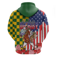 Kentucky Horses Racing Zip Hoodie US Flag Grunge and Check Pattern Green Color