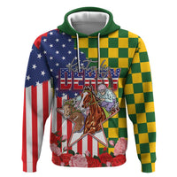 Kentucky Horses Racing Zip Hoodie US Flag Grunge and Check Pattern Green Color