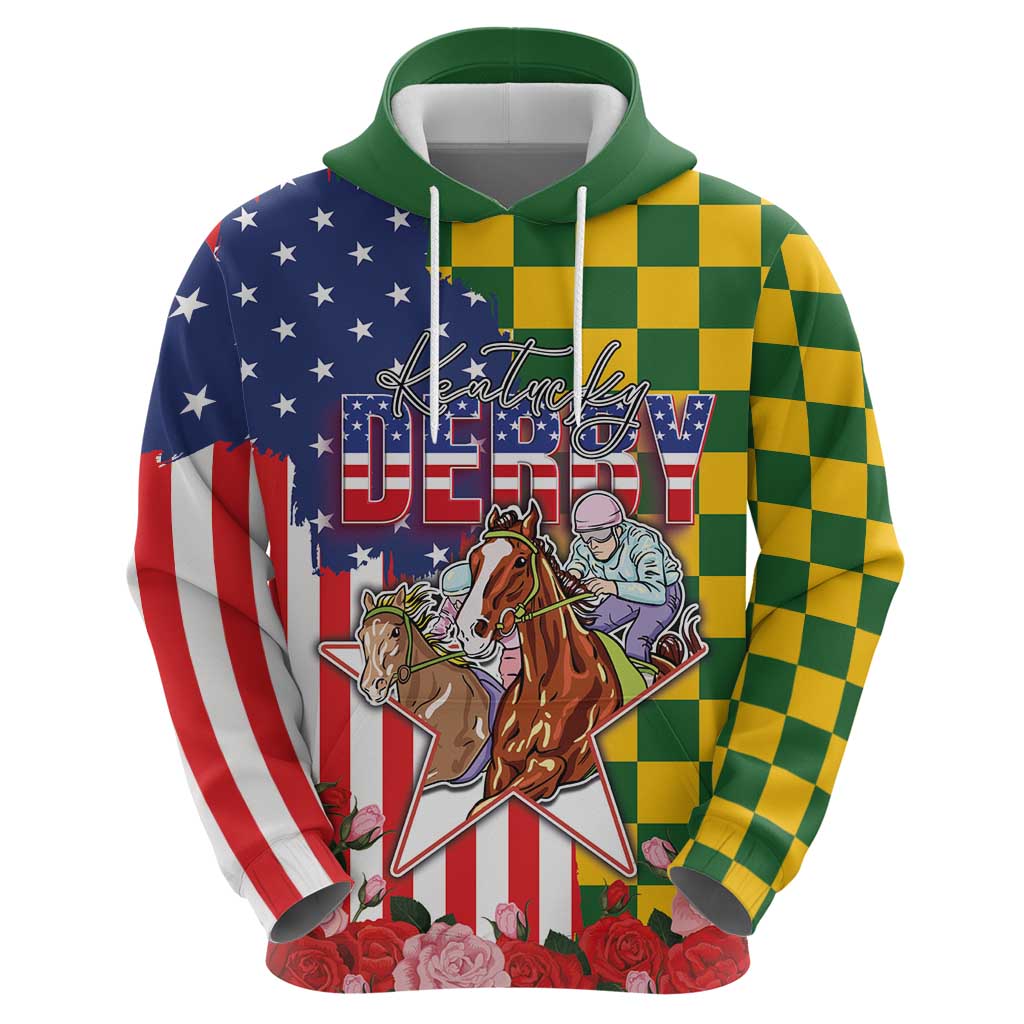 Kentucky Horses Racing Zip Hoodie US Flag Grunge and Check Pattern Green Color