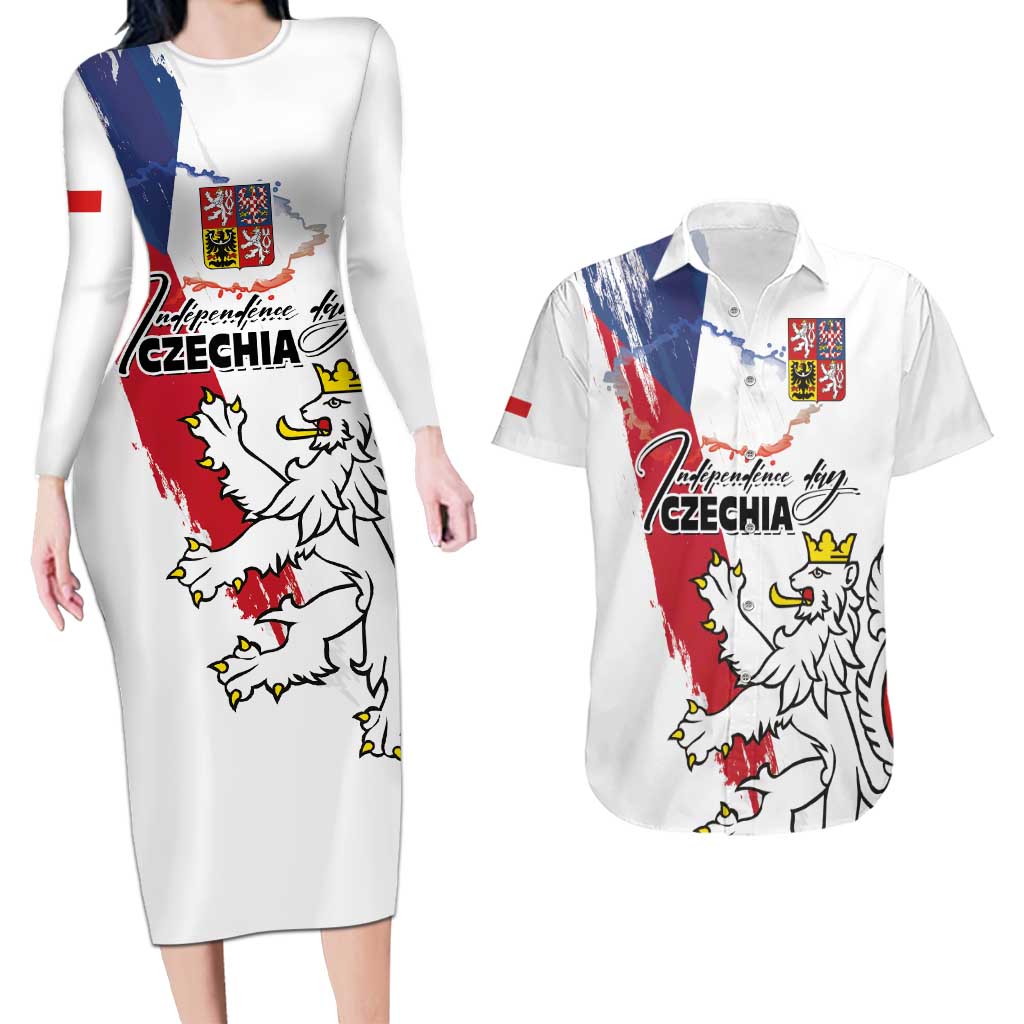 Czechia Independence Day Couples Matching Long Sleeve Bodycon Dress and Hawaiian Shirt National Flag Brush Style and Bohemia Lion
