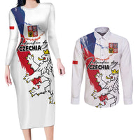 Czechia Independence Day Couples Matching Long Sleeve Bodycon Dress and Long Sleeve Button Shirt National Flag Brush Style and Bohemia Lion
