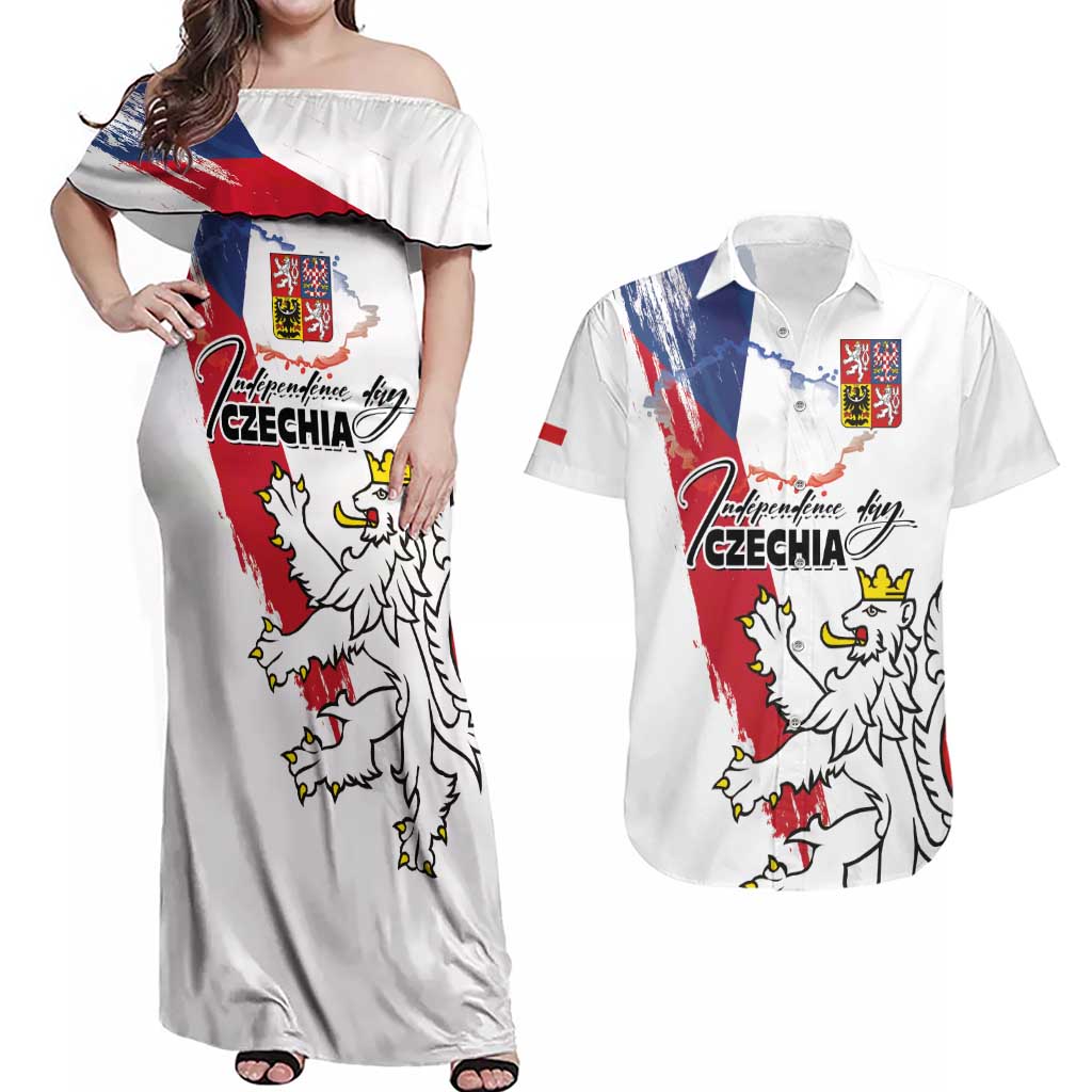 Czechia Independence Day Couples Matching Off Shoulder Maxi Dress and Hawaiian Shirt National Flag Brush Style and Bohemia Lion