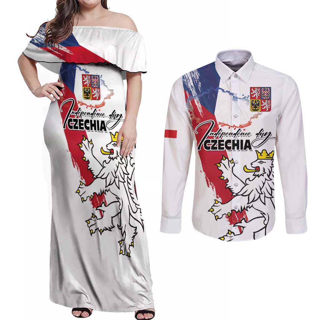 Czechia Independence Day Couples Matching Off Shoulder Maxi Dress and Long Sleeve Button Shirt National Flag Brush Style and Bohemia Lion