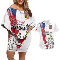 Czechia Independence Day Couples Matching Off Shoulder Short Dress and Hawaiian Shirt National Flag Brush Style and Bohemia Lion