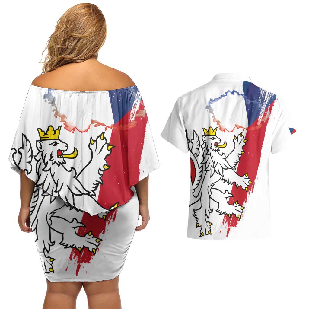 Czechia Independence Day Couples Matching Off Shoulder Short Dress and Hawaiian Shirt National Flag Brush Style and Bohemia Lion