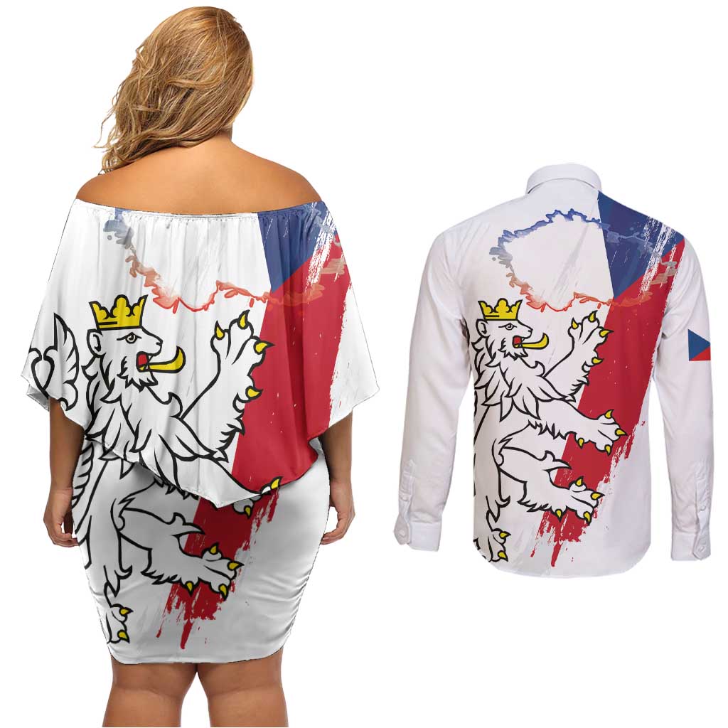 Czechia Independence Day Couples Matching Off Shoulder Short Dress and Long Sleeve Button Shirt National Flag Brush Style and Bohemia Lion