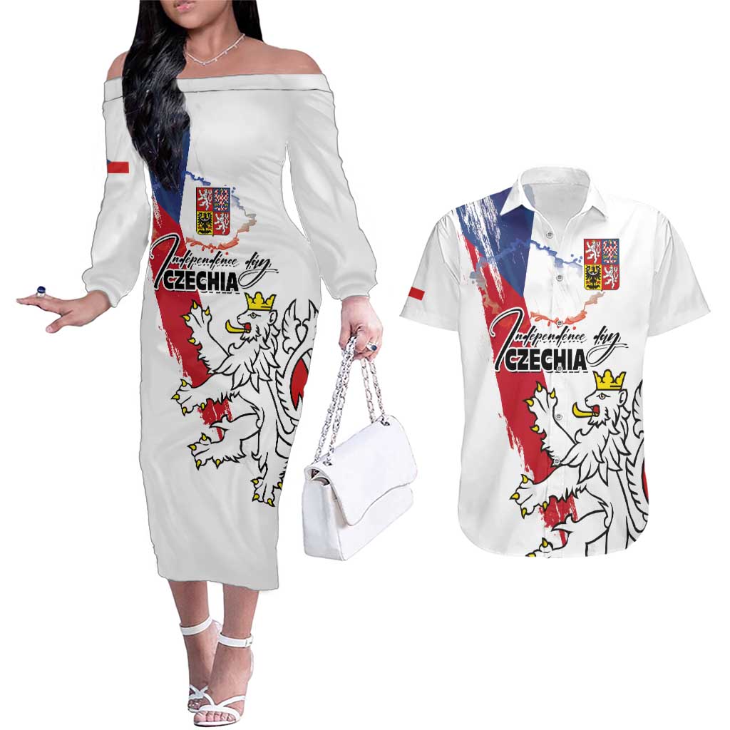 Czechia Independence Day Couples Matching Off The Shoulder Long Sleeve Dress and Hawaiian Shirt National Flag Brush Style and Bohemia Lion