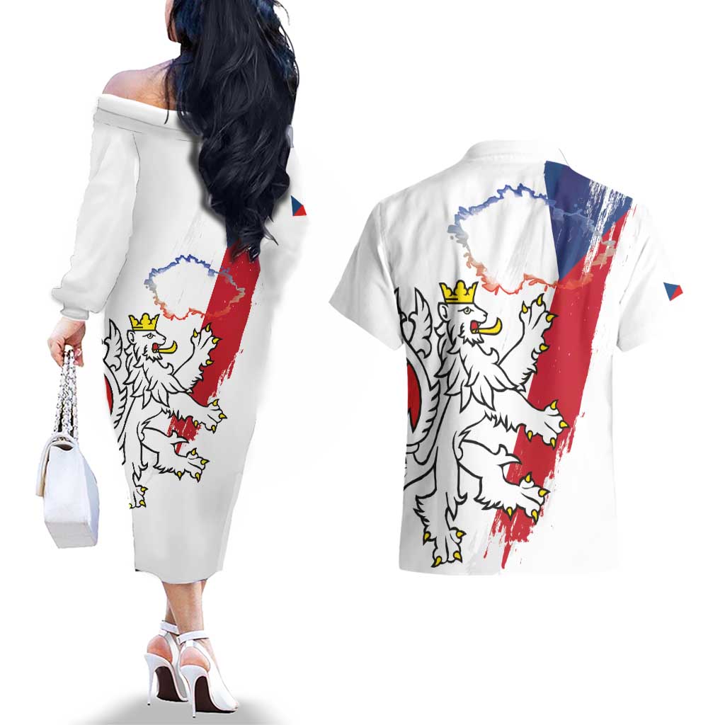 Czechia Independence Day Couples Matching Off The Shoulder Long Sleeve Dress and Hawaiian Shirt National Flag Brush Style and Bohemia Lion