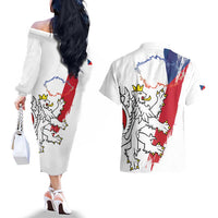 Czechia Independence Day Couples Matching Off The Shoulder Long Sleeve Dress and Hawaiian Shirt National Flag Brush Style and Bohemia Lion