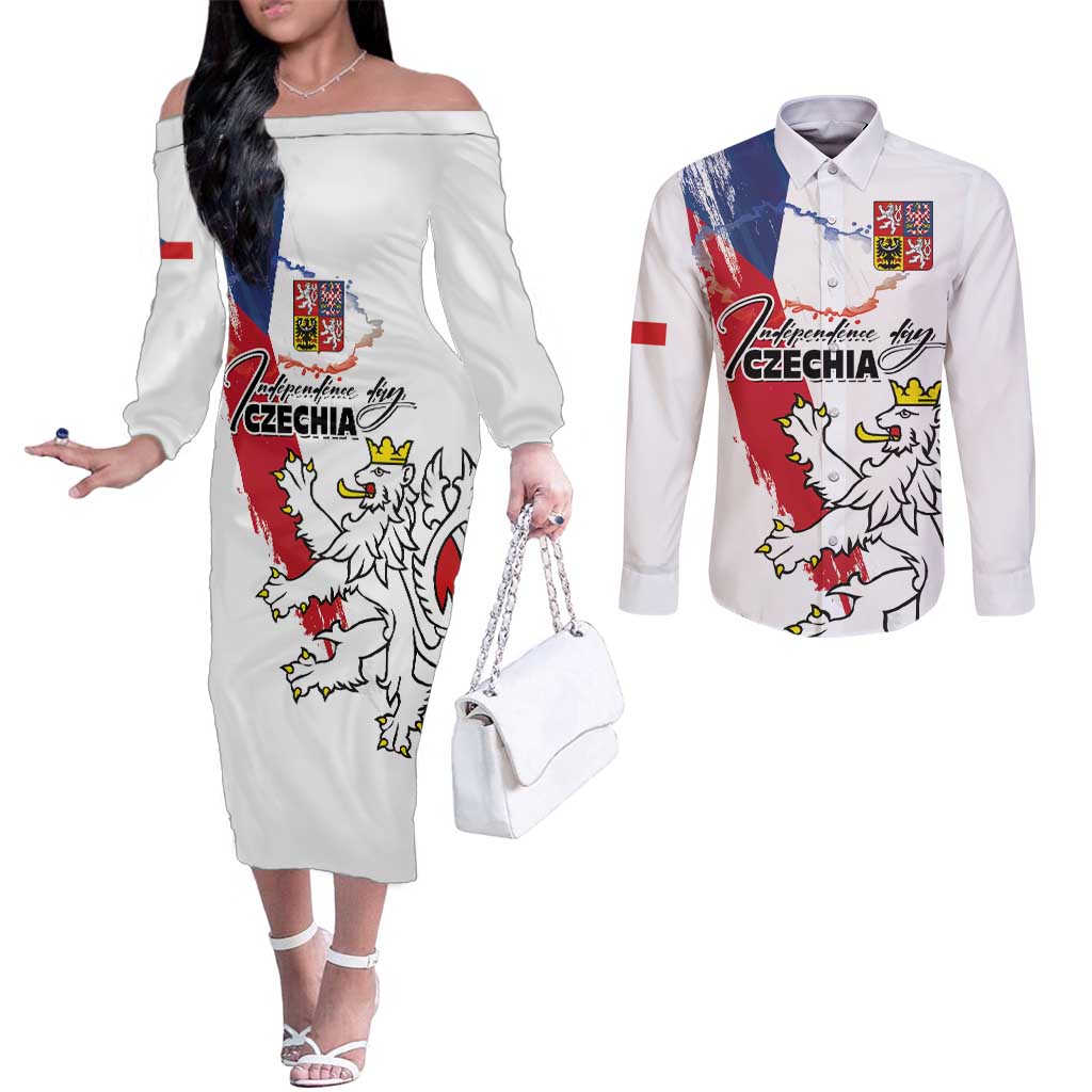 Czechia Independence Day Couples Matching Off The Shoulder Long Sleeve Dress and Long Sleeve Button Shirt National Flag Brush Style and Bohemia Lion