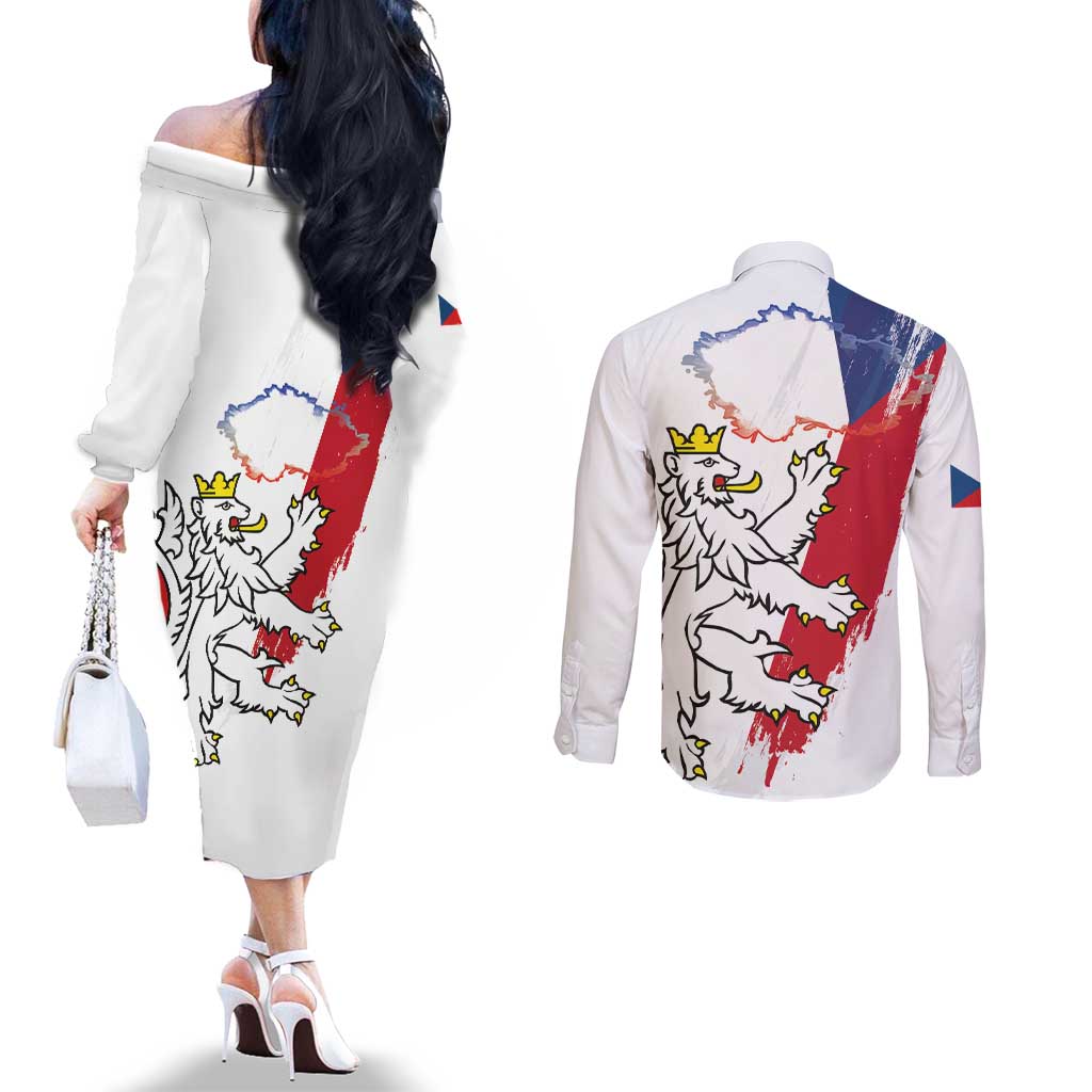 Czechia Independence Day Couples Matching Off The Shoulder Long Sleeve Dress and Long Sleeve Button Shirt National Flag Brush Style and Bohemia Lion