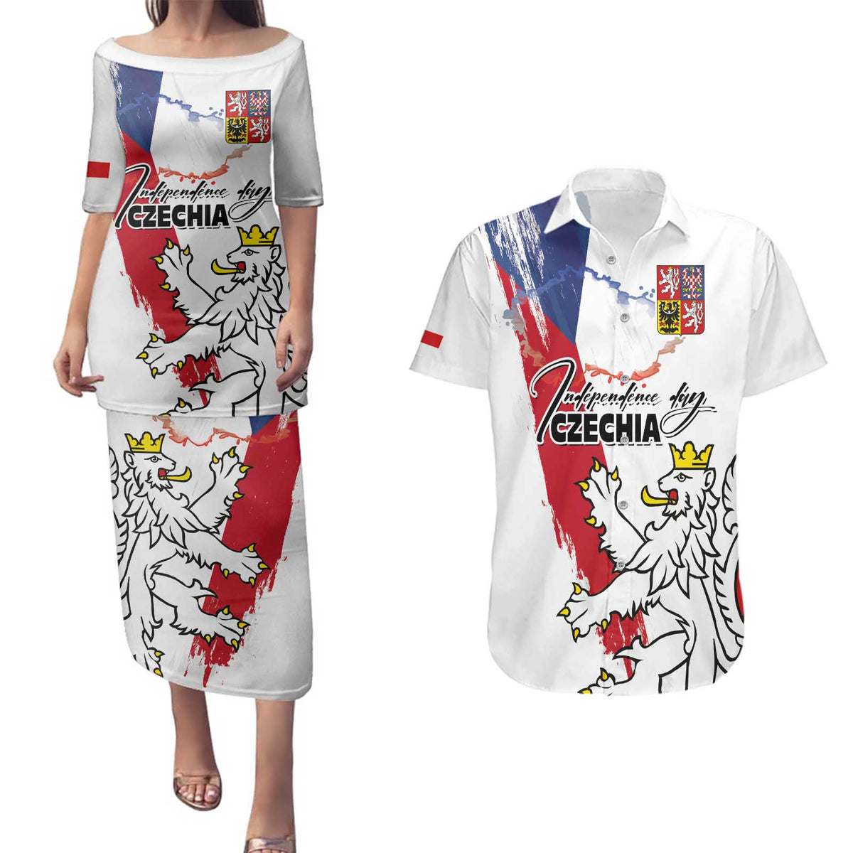 Czechia Independence Day Couples Matching Puletasi and Hawaiian Shirt National Flag Brush Style and Bohemia Lion