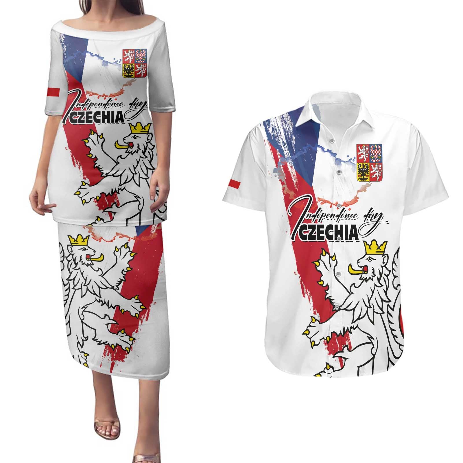 Czechia Independence Day Couples Matching Puletasi and Hawaiian Shirt National Flag Brush Style and Bohemia Lion