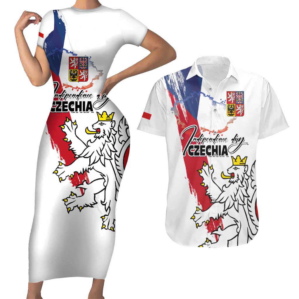 Czechia Independence Day Couples Matching Short Sleeve Bodycon Dress and Hawaiian Shirt National Flag Brush Style and Bohemia Lion