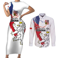 Czechia Independence Day Couples Matching Short Sleeve Bodycon Dress and Long Sleeve Button Shirt National Flag Brush Style and Bohemia Lion