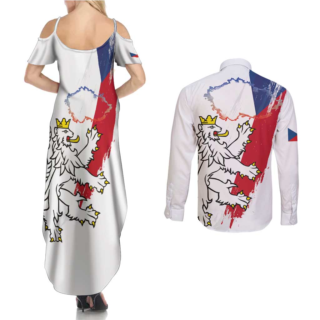 Czechia Independence Day Couples Matching Summer Maxi Dress and Long Sleeve Button Shirt National Flag Brush Style and Bohemia Lion