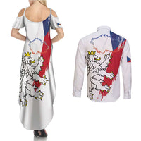 Czechia Independence Day Couples Matching Summer Maxi Dress and Long Sleeve Button Shirt National Flag Brush Style and Bohemia Lion