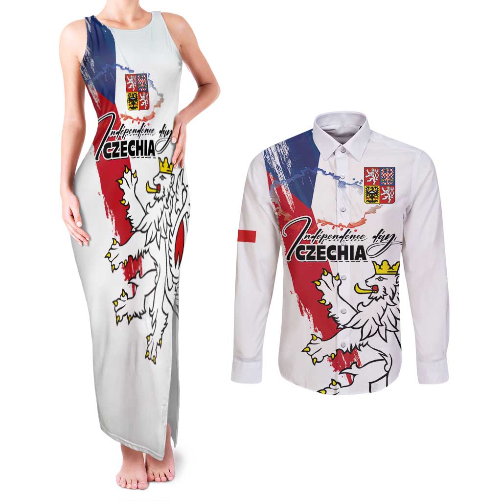 Czechia Independence Day Couples Matching Tank Maxi Dress and Long Sleeve Button Shirt National Flag Brush Style and Bohemia Lion