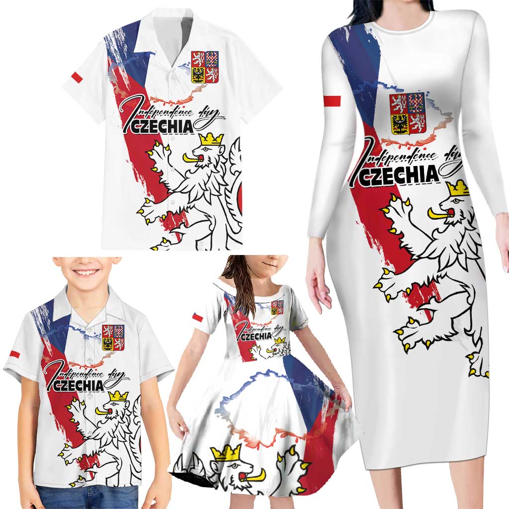 Czechia Independence Day Family Matching Long Sleeve Bodycon Dress and Hawaiian Shirt National Flag Brush Style and Bohemia Lion