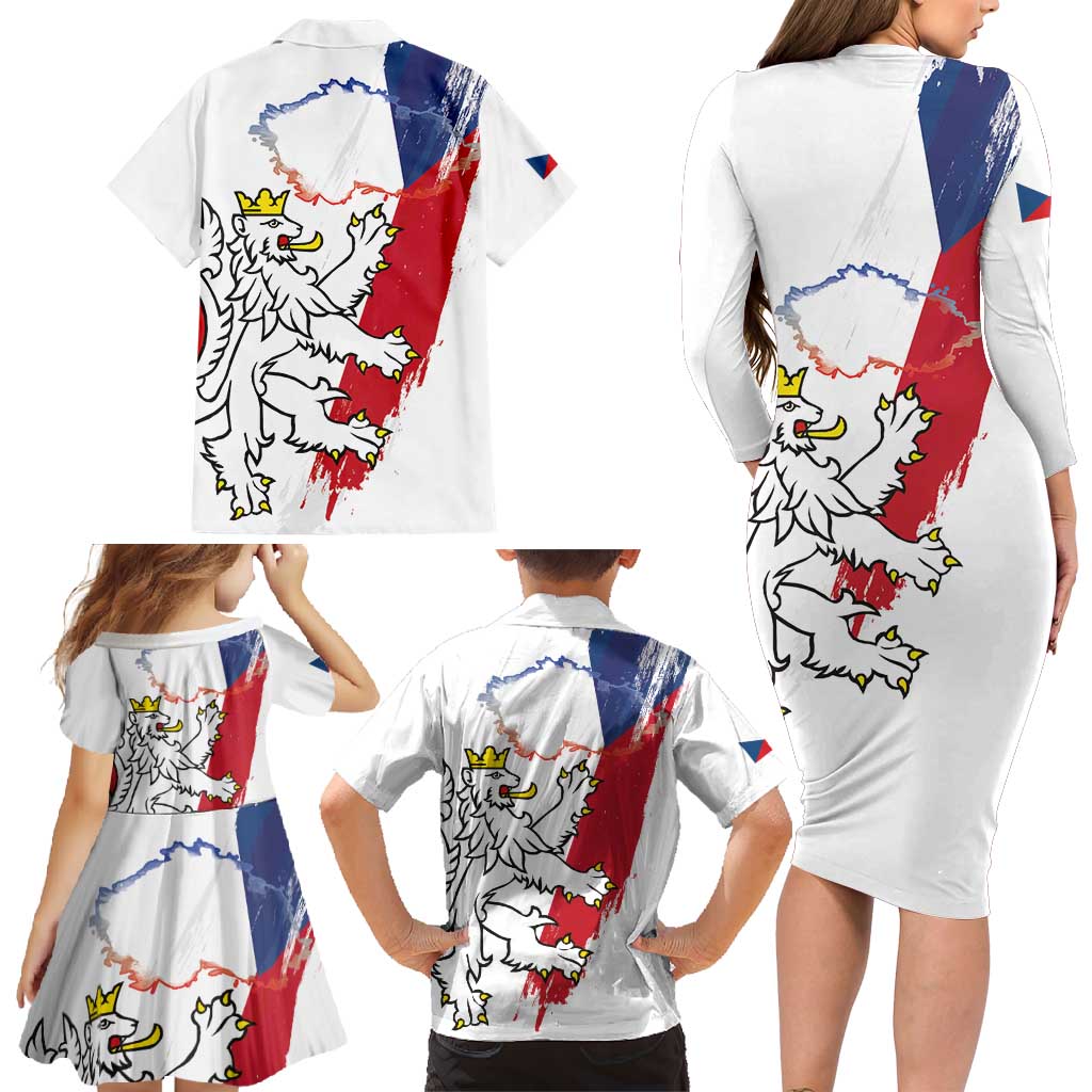 Czechia Independence Day Family Matching Long Sleeve Bodycon Dress and Hawaiian Shirt National Flag Brush Style and Bohemia Lion