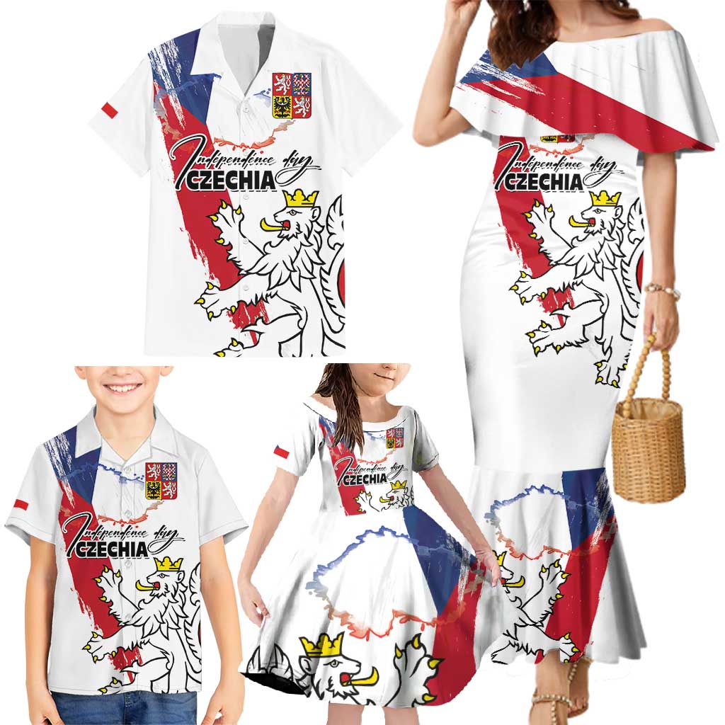 Czechia Independence Day Family Matching Mermaid Dress and Hawaiian Shirt National Flag Brush Style and Bohemia Lion
