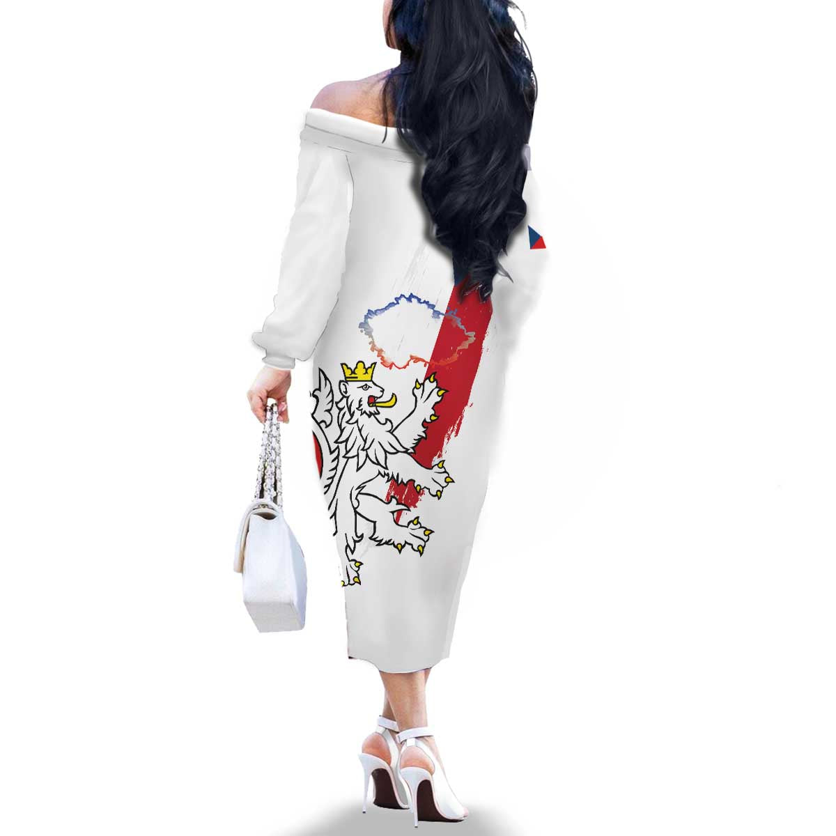 Czechia Independence Day Family Matching Off The Shoulder Long Sleeve Dress and Hawaiian Shirt National Flag Brush Style and Bohemia Lion
