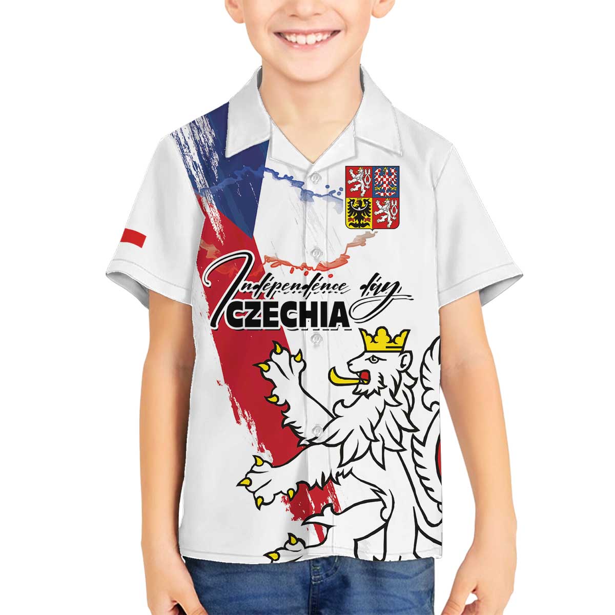 Czechia Independence Day Family Matching Off The Shoulder Long Sleeve Dress and Hawaiian Shirt National Flag Brush Style and Bohemia Lion