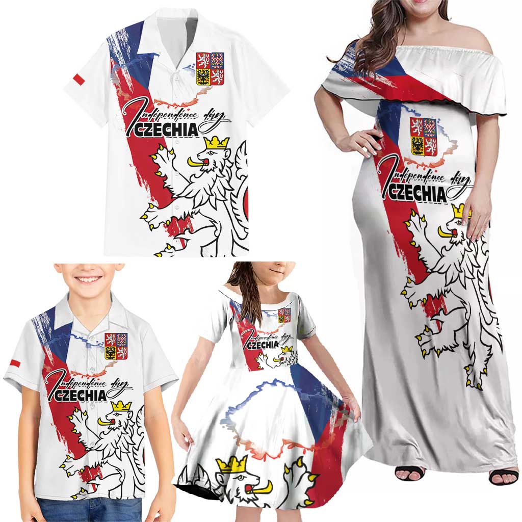 Czechia Independence Day Family Matching Off Shoulder Maxi Dress and Hawaiian Shirt National Flag Brush Style and Bohemia Lion