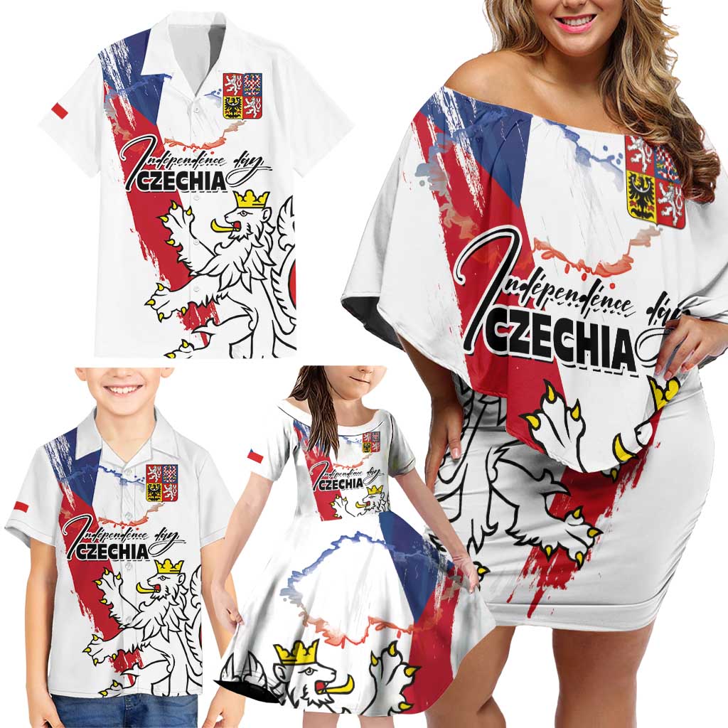 Czechia Independence Day Family Matching Off Shoulder Short Dress and Hawaiian Shirt National Flag Brush Style and Bohemia Lion