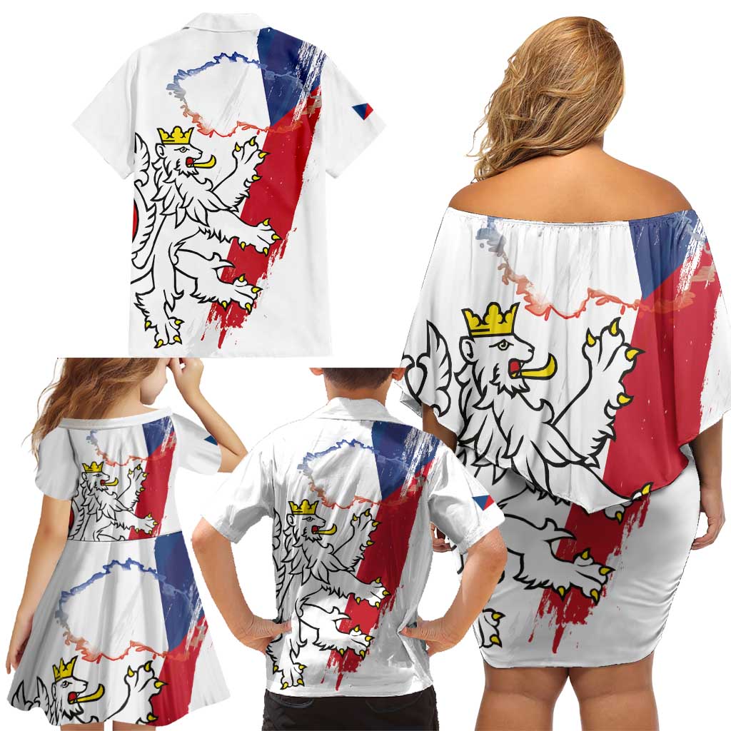 Czechia Independence Day Family Matching Off Shoulder Short Dress and Hawaiian Shirt National Flag Brush Style and Bohemia Lion
