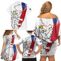 Czechia Independence Day Family Matching Off Shoulder Short Dress and Hawaiian Shirt National Flag Brush Style and Bohemia Lion