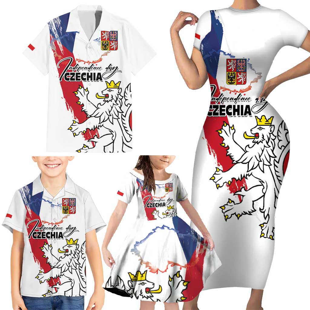 Czechia Independence Day Family Matching Short Sleeve Bodycon Dress and Hawaiian Shirt National Flag Brush Style and Bohemia Lion