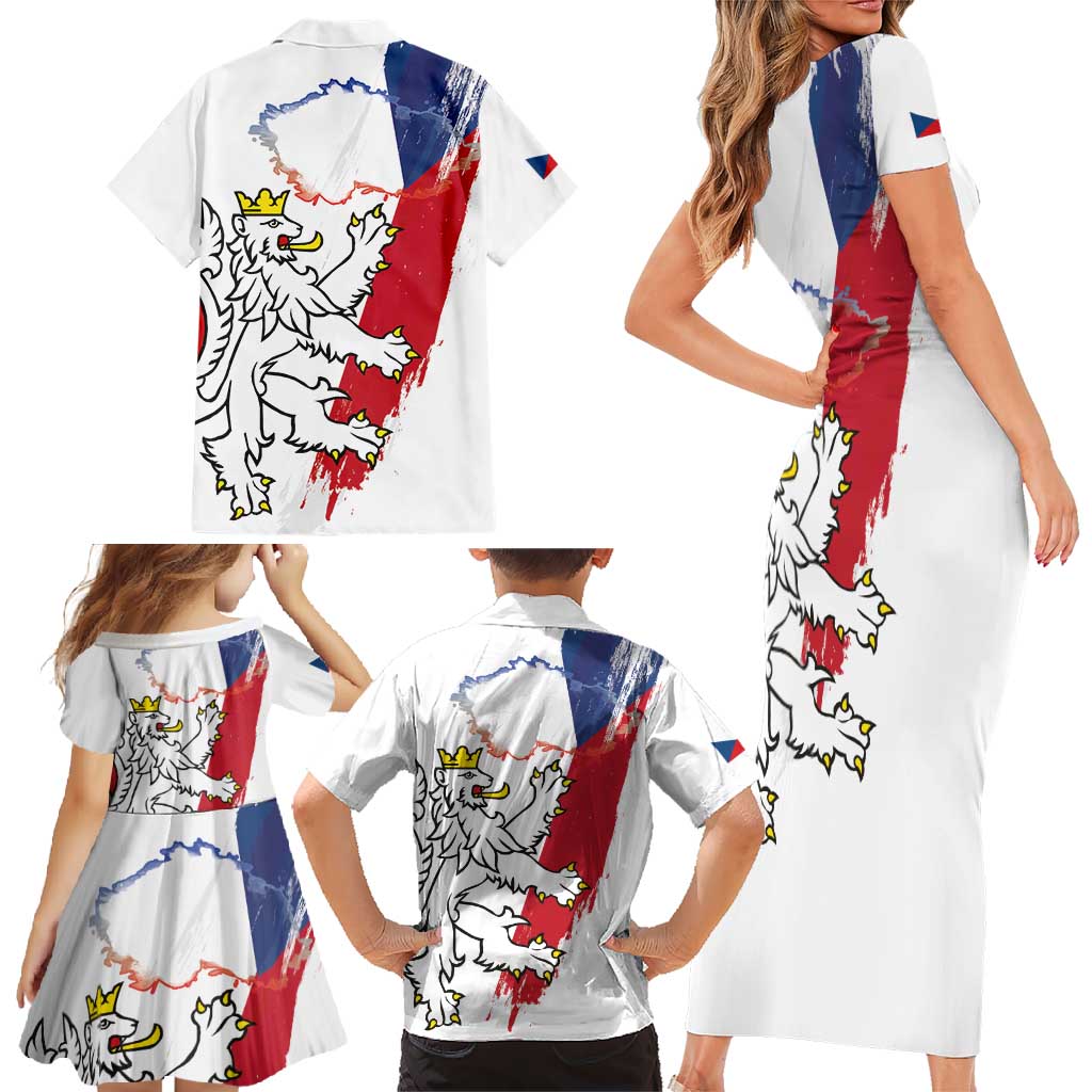 Czechia Independence Day Family Matching Short Sleeve Bodycon Dress and Hawaiian Shirt National Flag Brush Style and Bohemia Lion