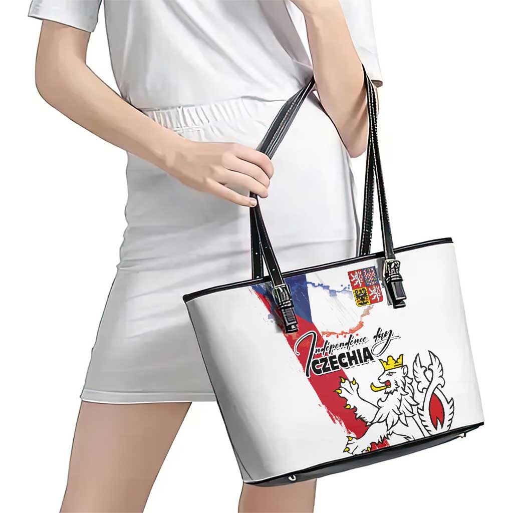 Czechia Independence Day Leather Tote Bag National Flag Brush Style and Bohemia Lion
