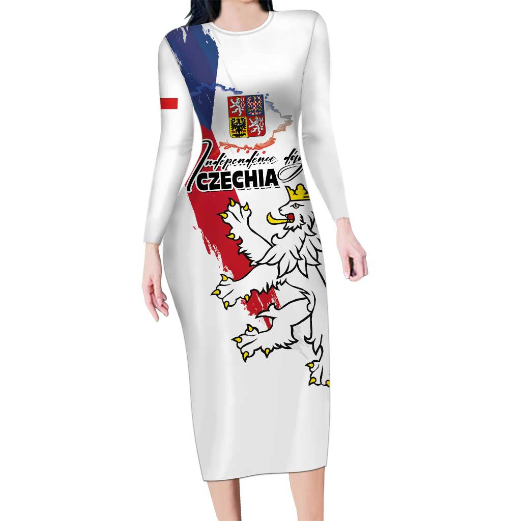 Czechia Independence Day Long Sleeve Bodycon Dress National Flag Brush Style and Bohemia Lion