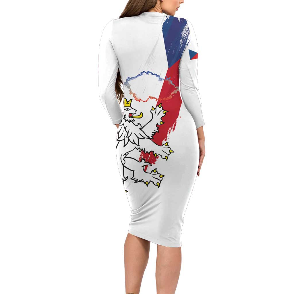 Czechia Independence Day Long Sleeve Bodycon Dress National Flag Brush Style and Bohemia Lion