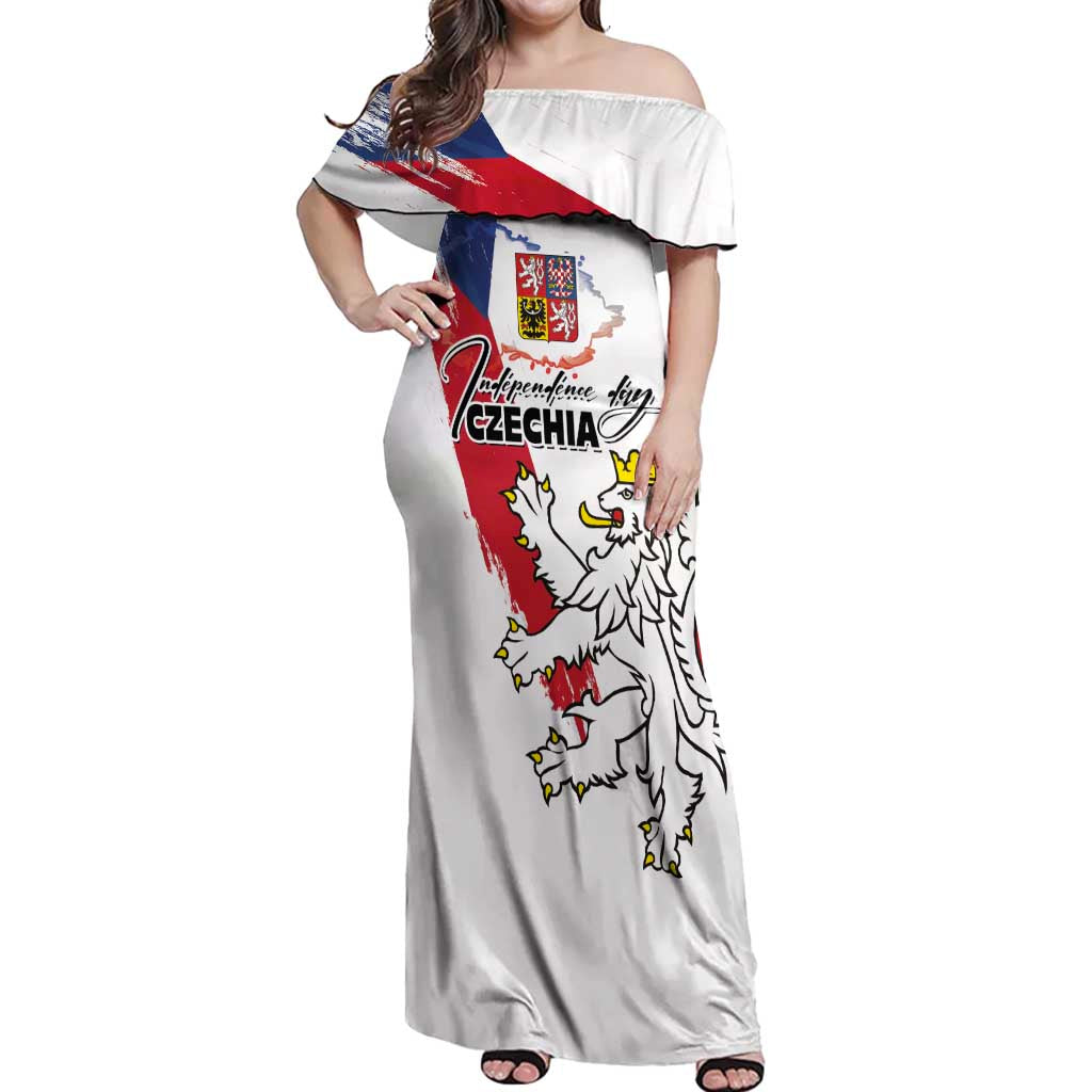 Czechia Independence Day Off Shoulder Maxi Dress National Flag Brush Style and Bohemia Lion