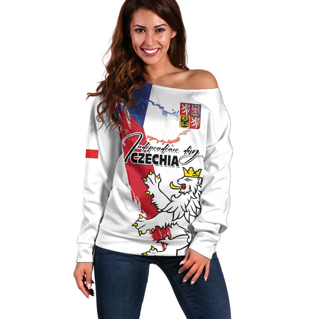 Czechia Independence Day Off Shoulder Sweater National Flag Brush Style and Bohemia Lion