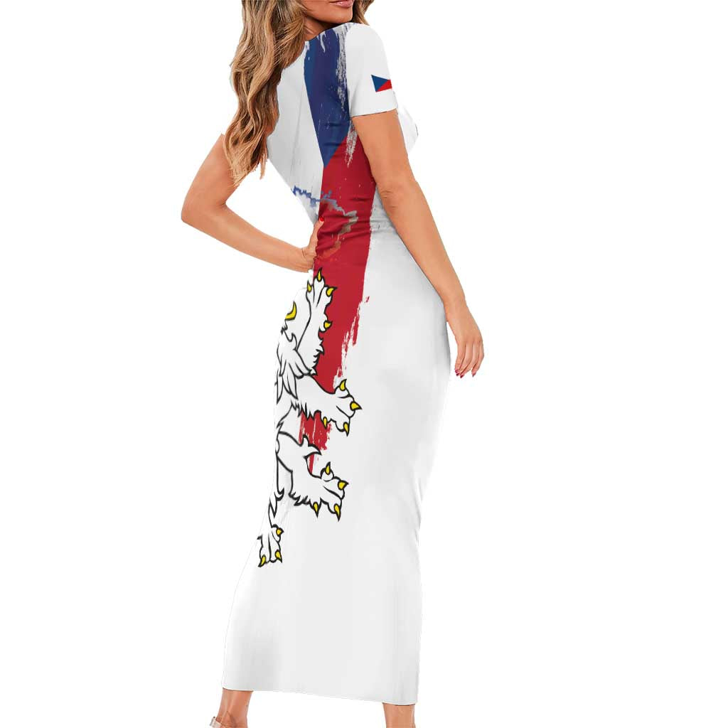Czechia Independence Day Short Sleeve Bodycon Dress National Flag Brush Style and Bohemia Lion
