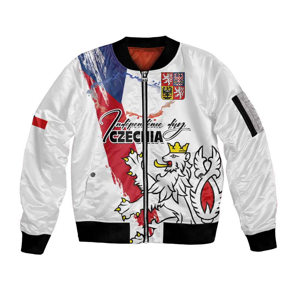 Czechia Independence Day Sleeve Zip Bomber Jacket National Flag Brush Style and Bohemia Lion