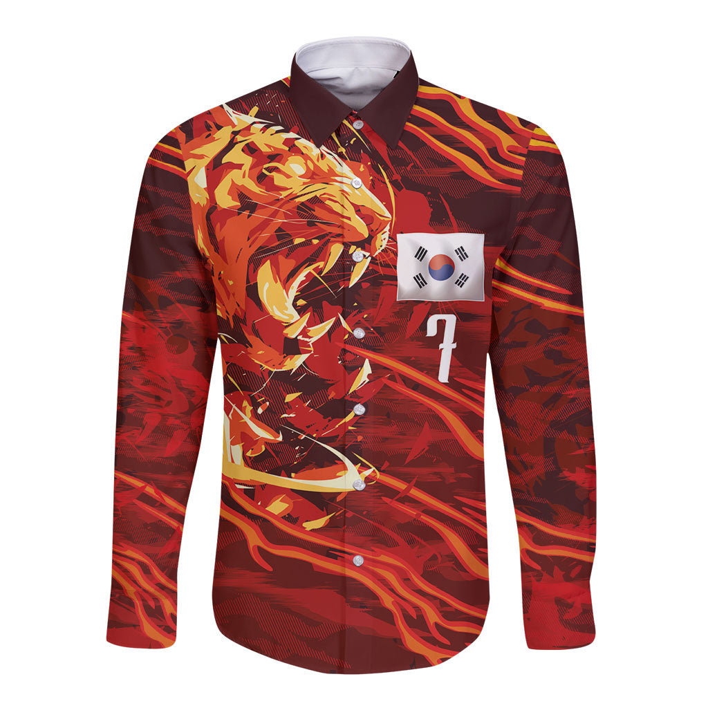 South Korea National Football Custom Long Sleeve Button Shirt Tigers of Asia Fierce Abstract Flame-Inspired