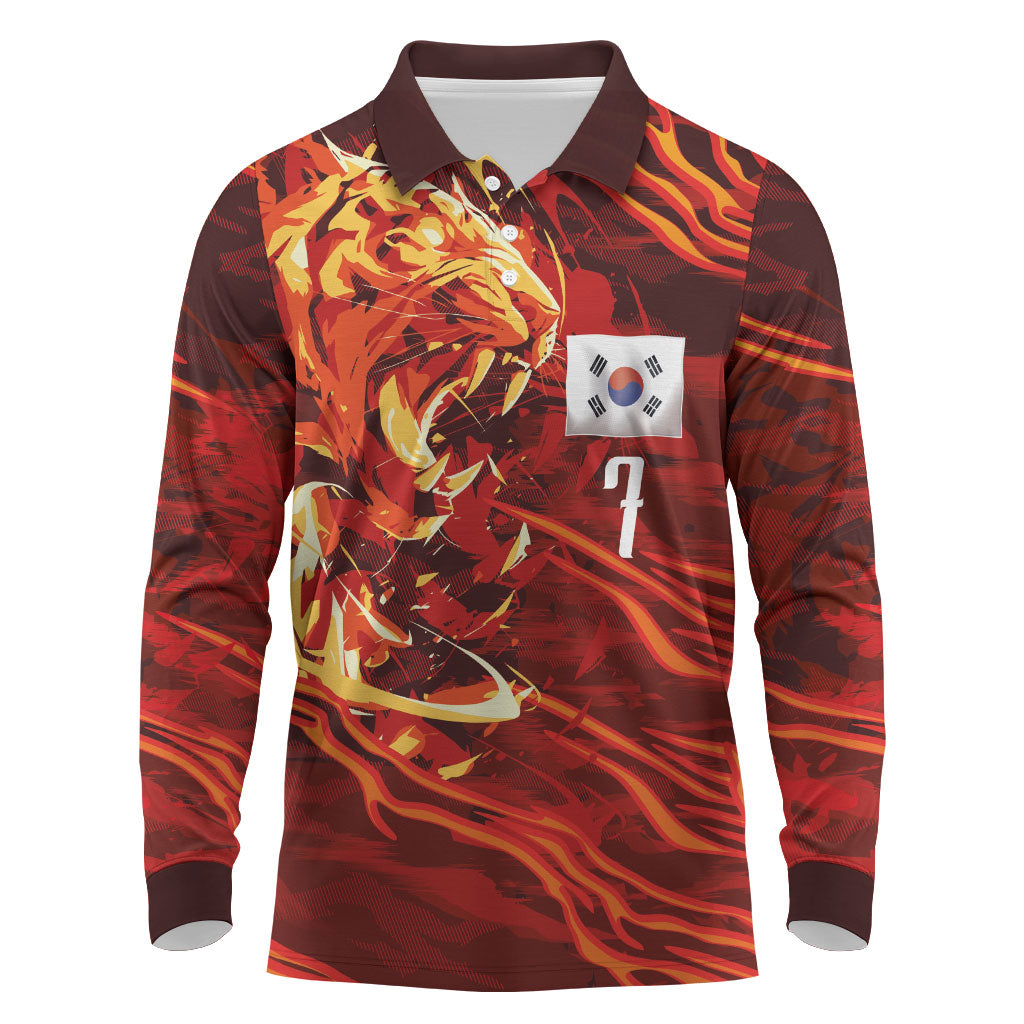 South Korea National Football Custom Long Sleeve Polo Shirt Tigers of Asia Fierce Abstract Flame-Inspired