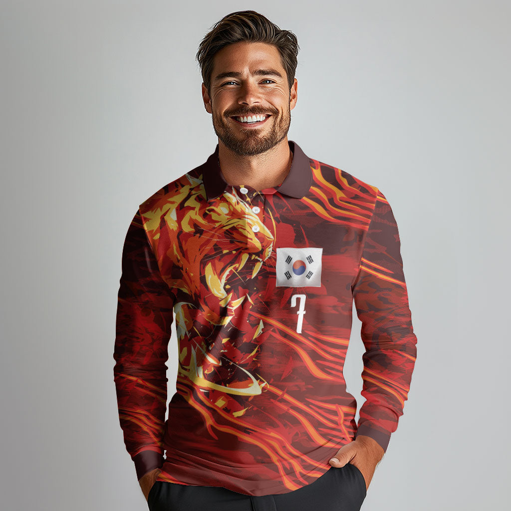 South Korea National Football Custom Long Sleeve Polo Shirt Tigers of Asia Fierce Abstract Flame-Inspired