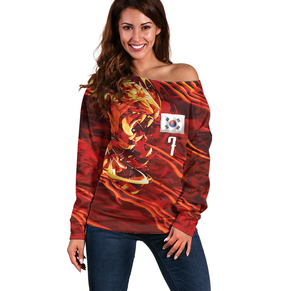 South Korea National Football Custom Off Shoulder Sweater Tigers of Asia Fierce Abstract Flame-Inspired