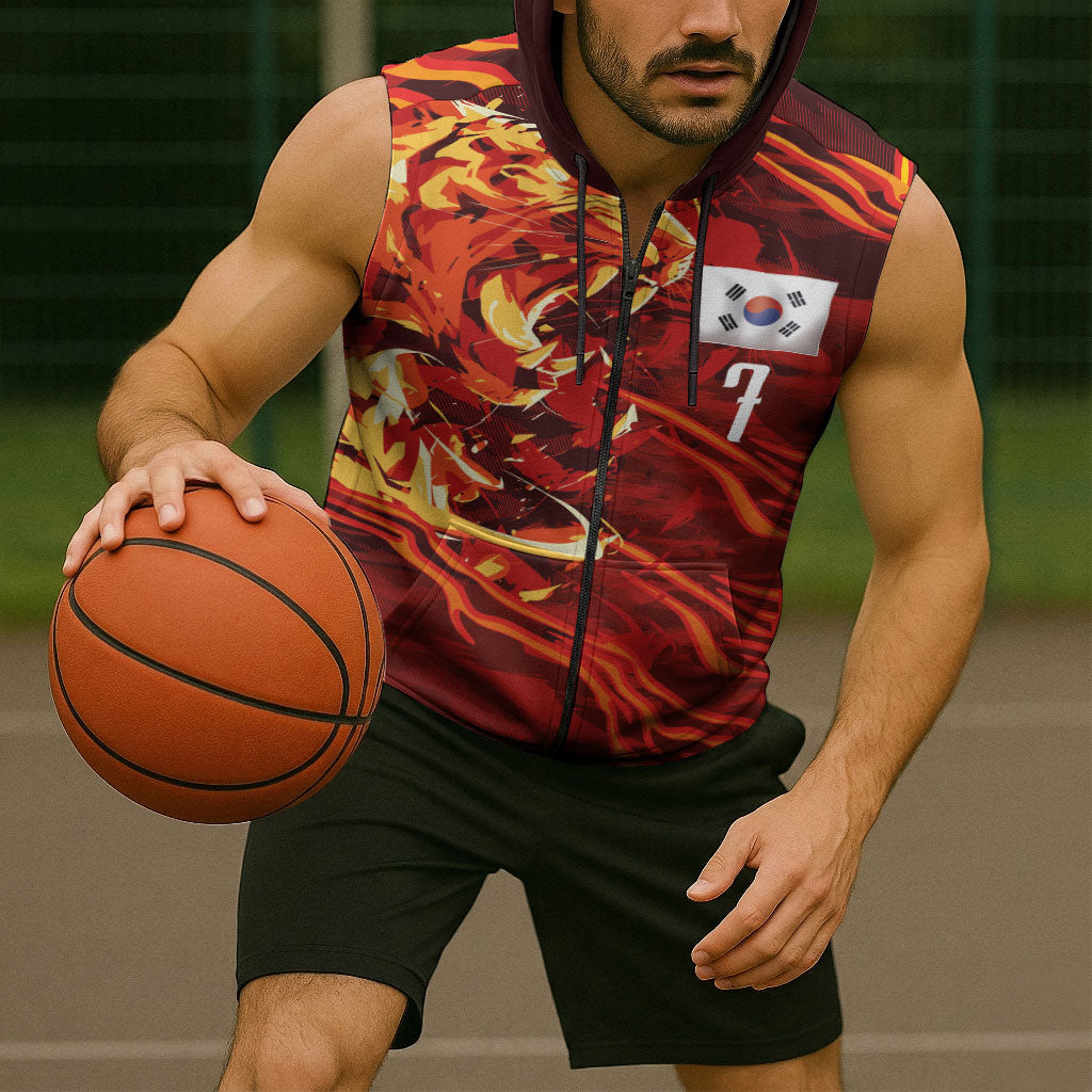 South Korea National Football Custom Sleeveless Zip Hoodie Tigers of Asia Fierce Abstract Flame-Inspired